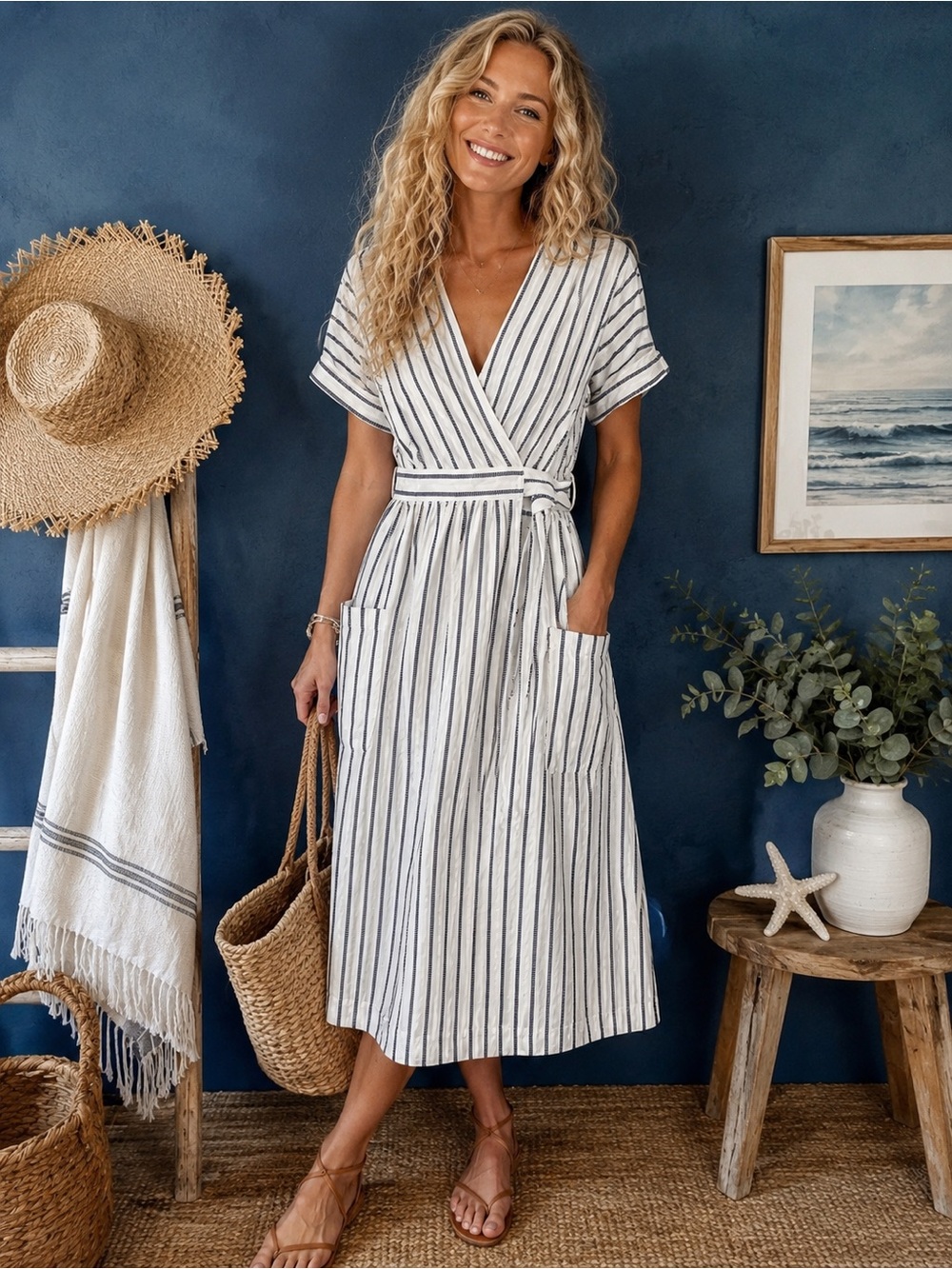 GAP | Linen Blend Wrap Midi Dress | Blue Stripe | Pockets | Petite 2 | Coastal